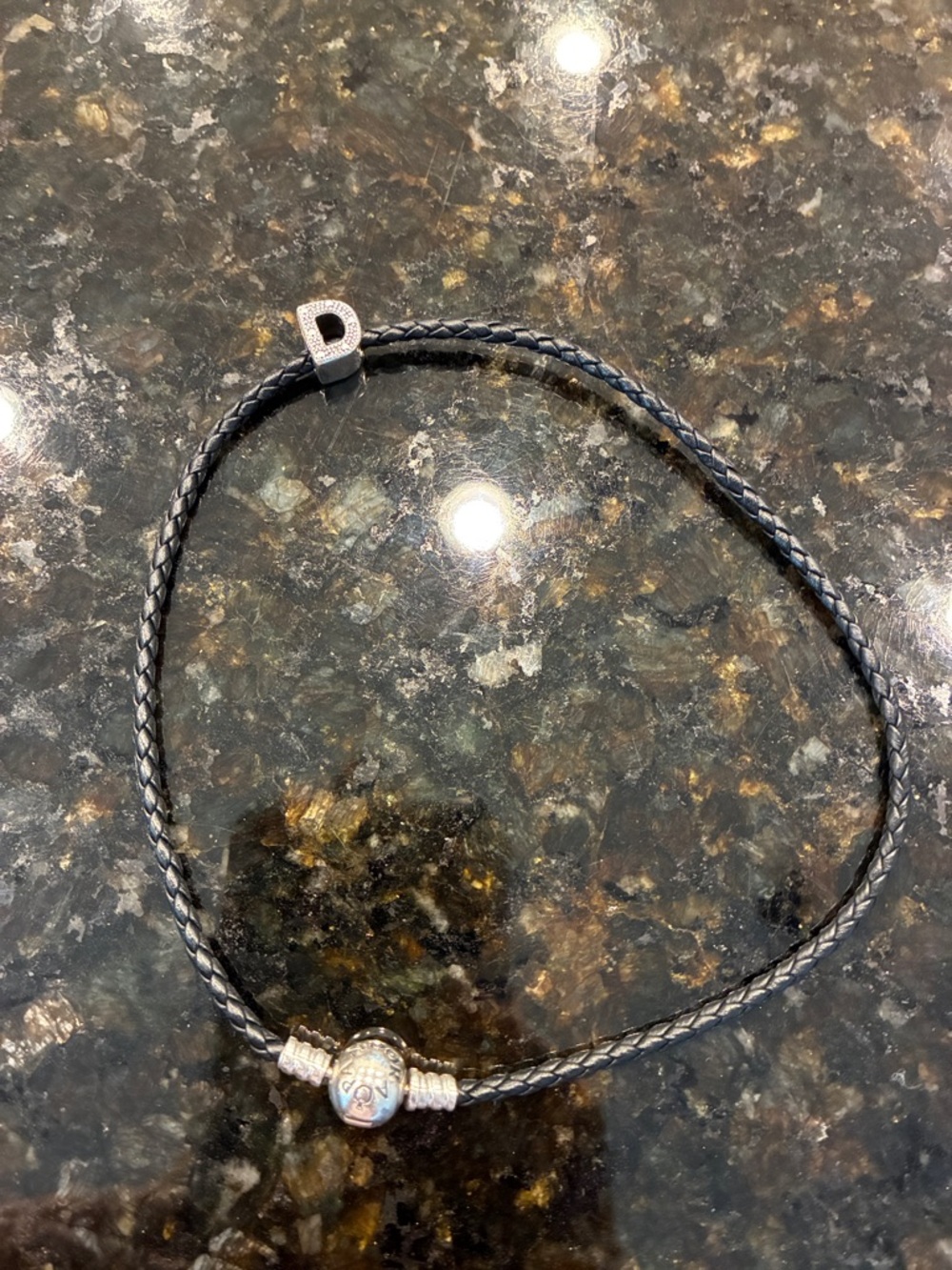 Pandora Black Braided Leather Bracelet with Silver Letter D